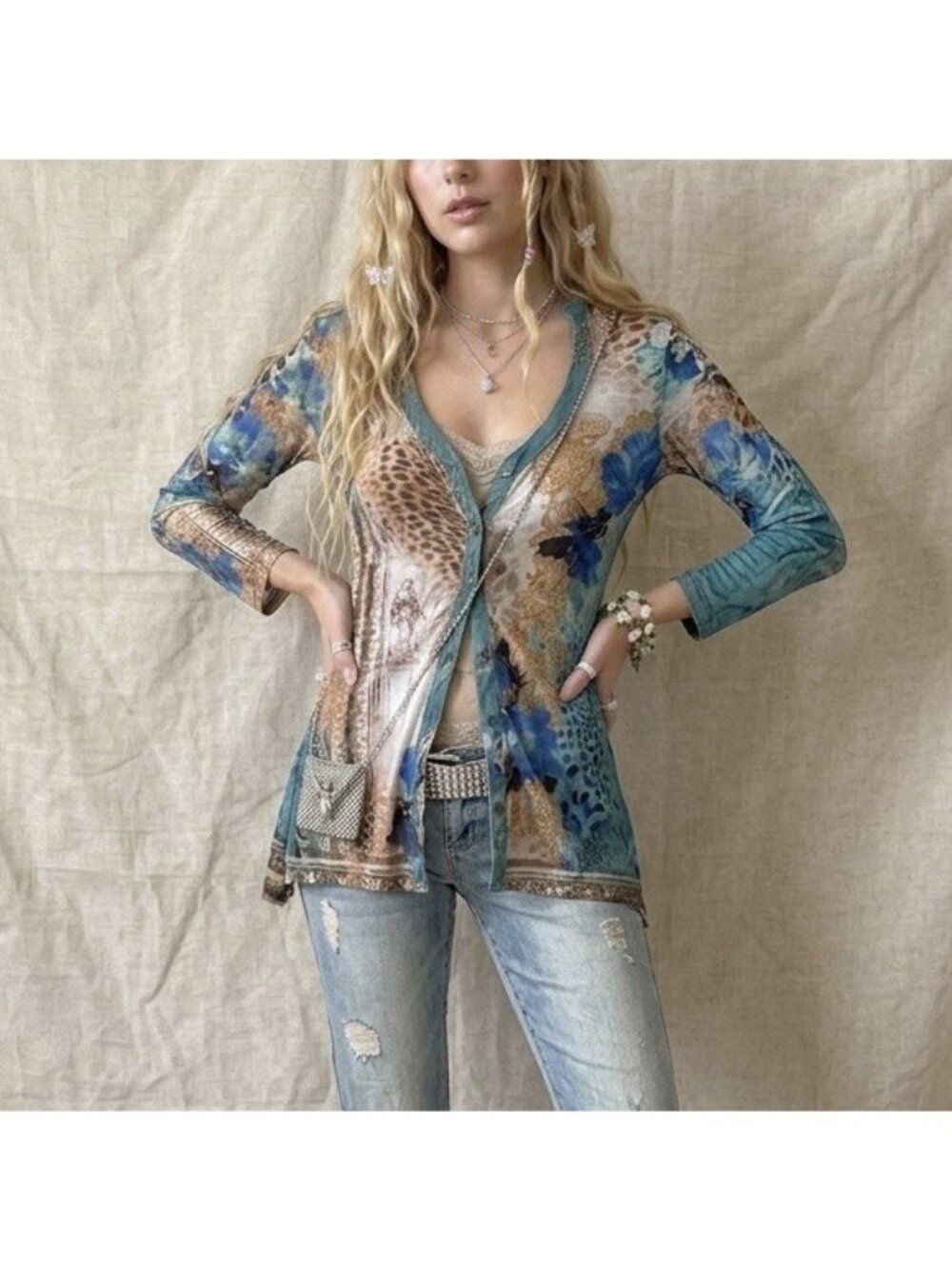 Boho‎ Chic Y2K Sheer Long Sleeve Printed Top Fairy S Coquette Made In New York
